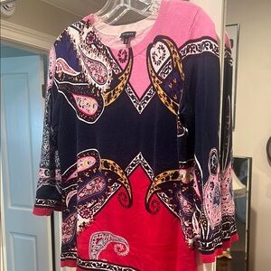 Talbots Blue and Pink Graphic Tunic Blouse Lightweight Sweater